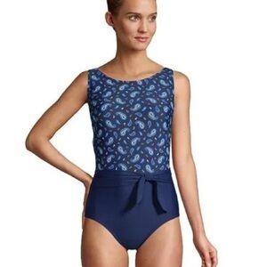 Lands End | High Neck Tummy Control Belted Look One Piece Swimsuit Navy/Paisley